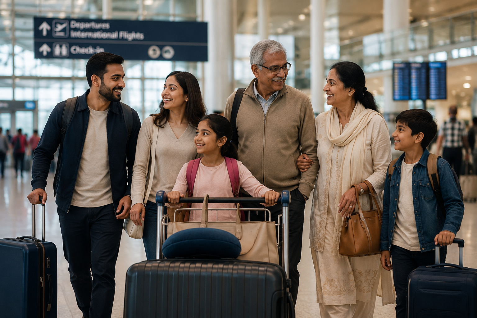 A multi-generational family travelling together.