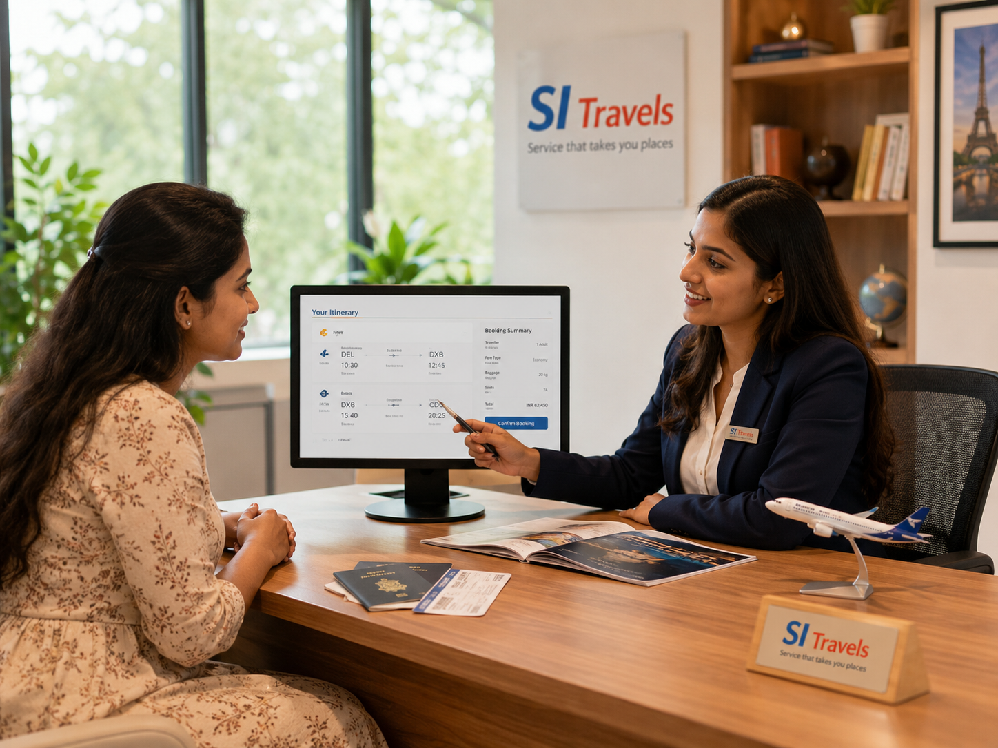 Bashir Ahmed reviewing a travel itinerary at his desk.